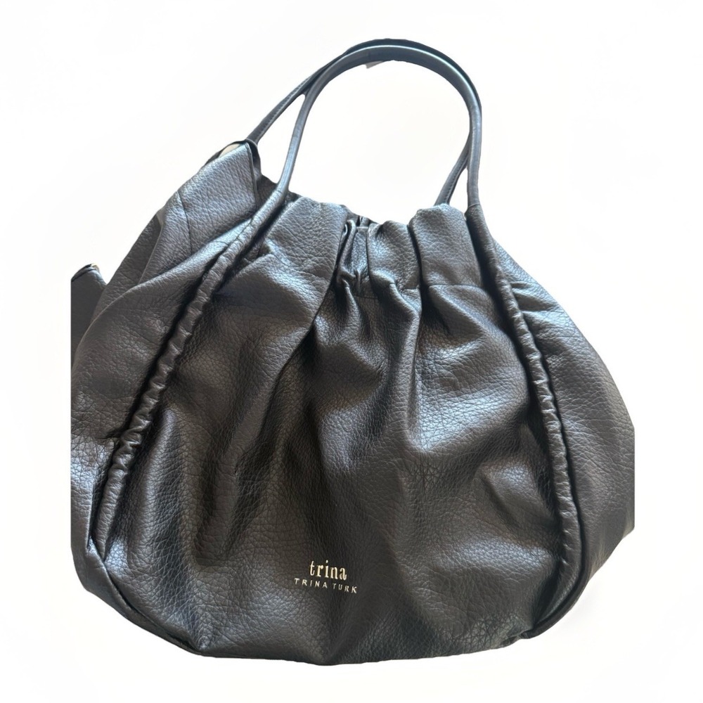 Trina‎ Turk Medium Gathered Tote Black Double Handle & Shoulder Strap Zip Pouch